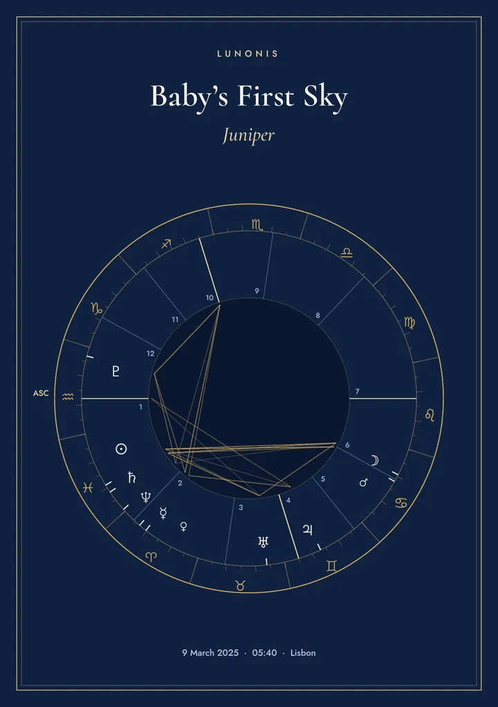 Cover of the baby book for Juniper with her natal wheel