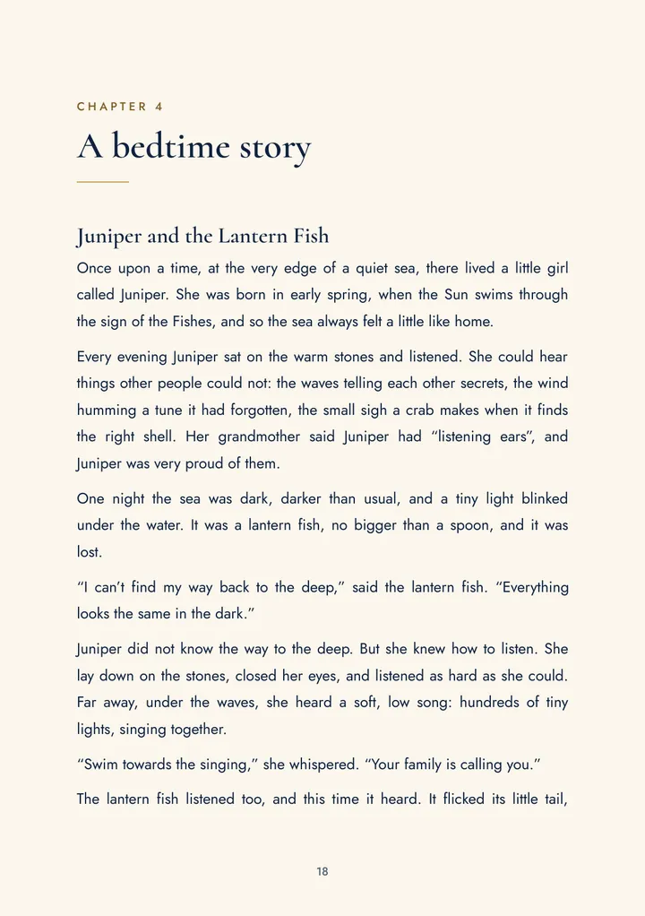 Chapter 4 of the baby book, a bedtime story about Juniper