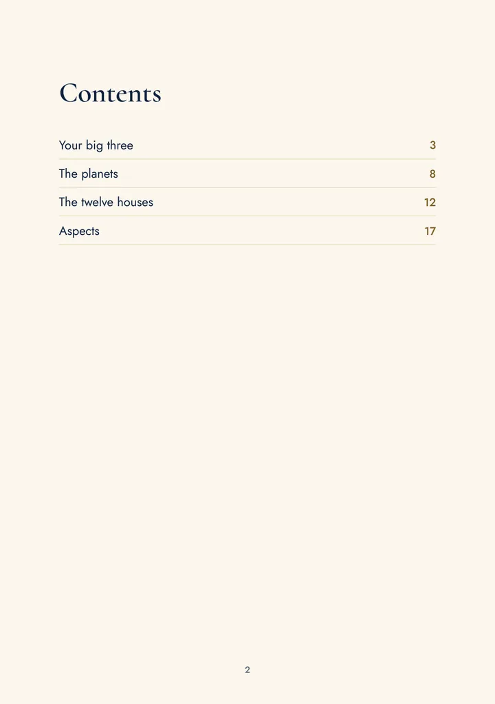 Contents page of the natal chart book